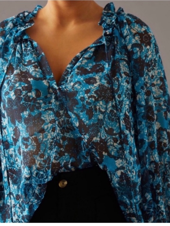 Anthropologie Tops - ANTHROPOLOGIE Sheer Printed Western Peasant Blouse Blue Black Floral